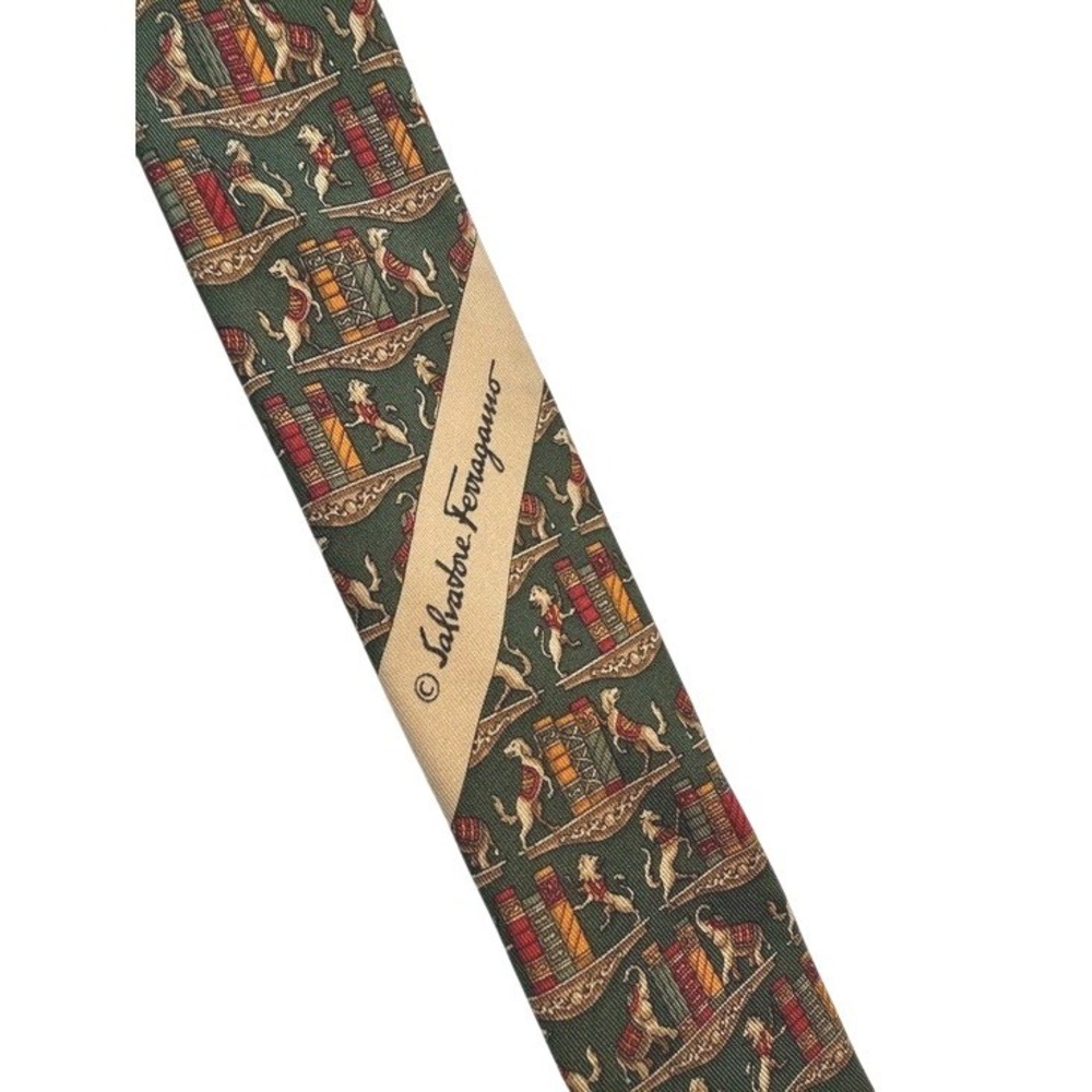 Salvatore Ferragamo 100% Silk Mens Green Library Preppy Classy Tie Made in Italy - Picture 5 of 6